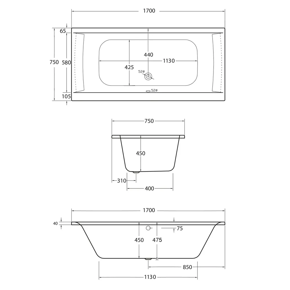 Technische Skizze von den Maßen der Badewanne