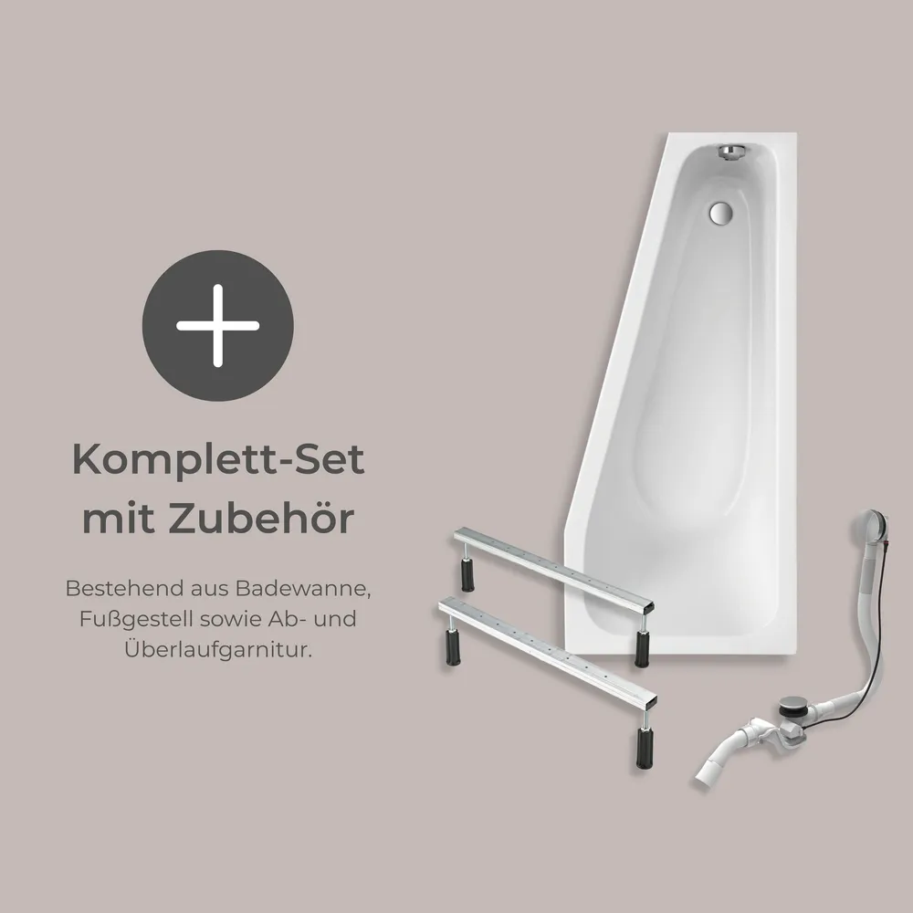 Badewanne freigestelltes Bild Badewanne mit einem Text: Komplett- Set mit Zubehör. bestehend aus Badewanne, Wannenträger sowie Ab- und Überlaufgarnitur