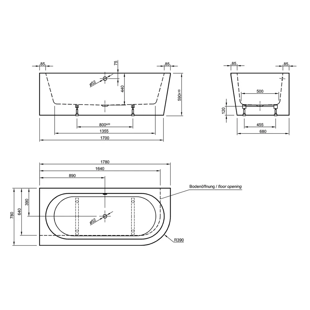 Badewanne Lago Canto in weiß Skizze mit Maßen