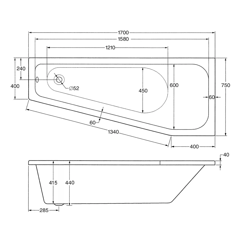 Technische Skizze von den Maßen der Badewanne Riva