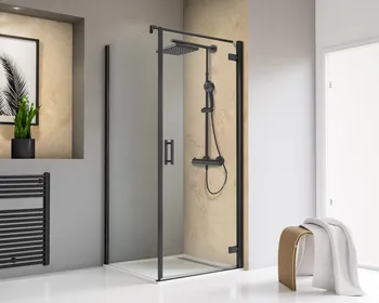 800x800 mm, 2000 mm, Pendelscharnier „Eckig an Profil“, Mattschwarz, Klar hell, Anschlag: links