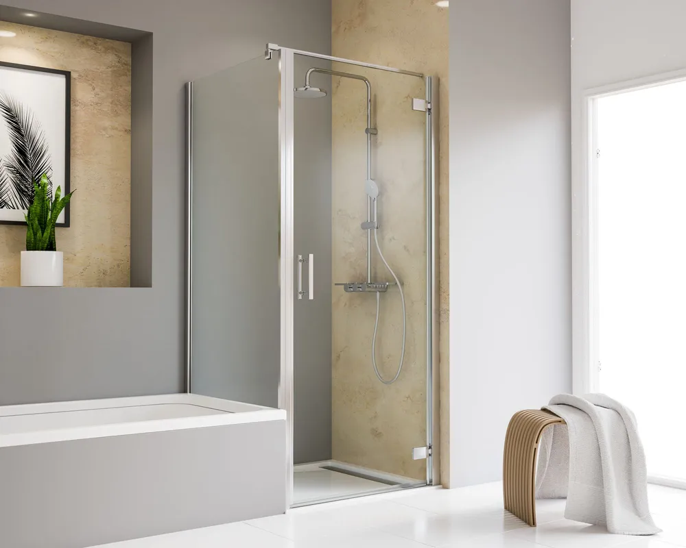 300-1000 mm, Pendelscharnier „Eckig an Profil“, 41 - Chromoptik, Klar hell, Anschlag: links