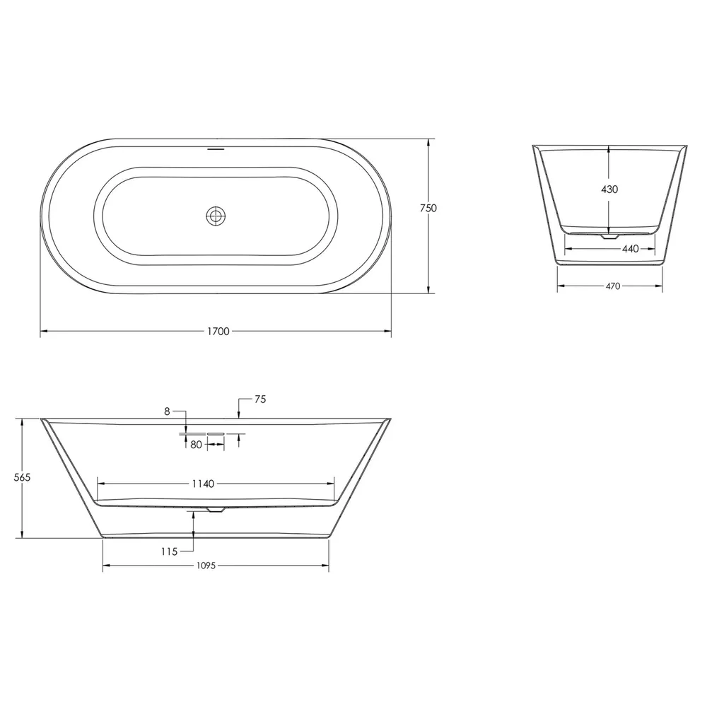 Badewanne Isla in weiß 1700x750 mm Skizze mit Maßen