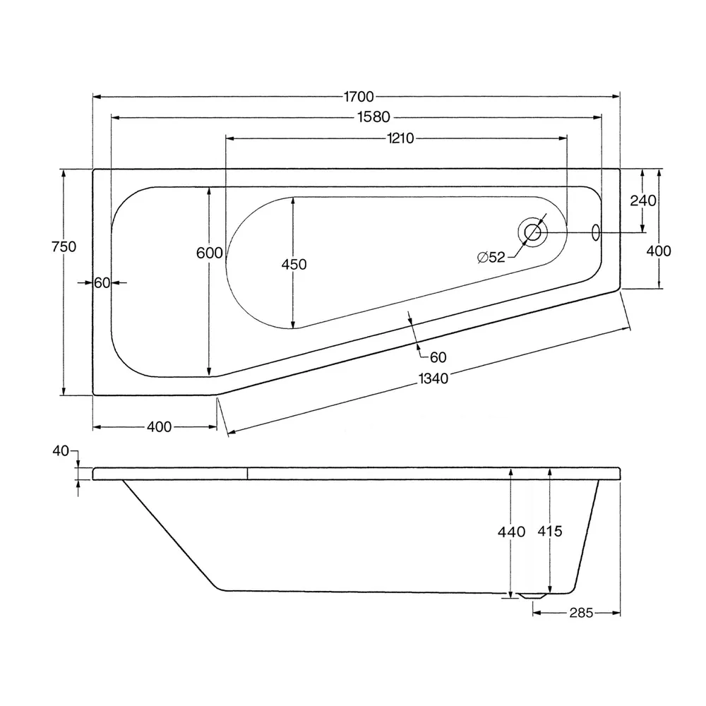 Technische Skizze von den Maßen der Badewanne Riva