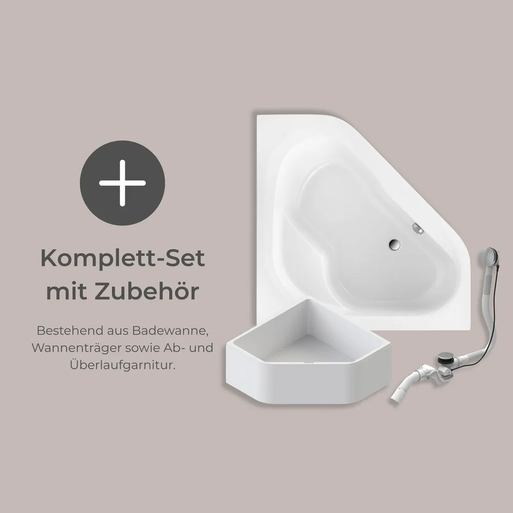 Eckbadewanne als Komplett-Set mit Zubehör. Besteht aus Badewanne, Wannenträger sowie Ab- und Überlaufgarnitur