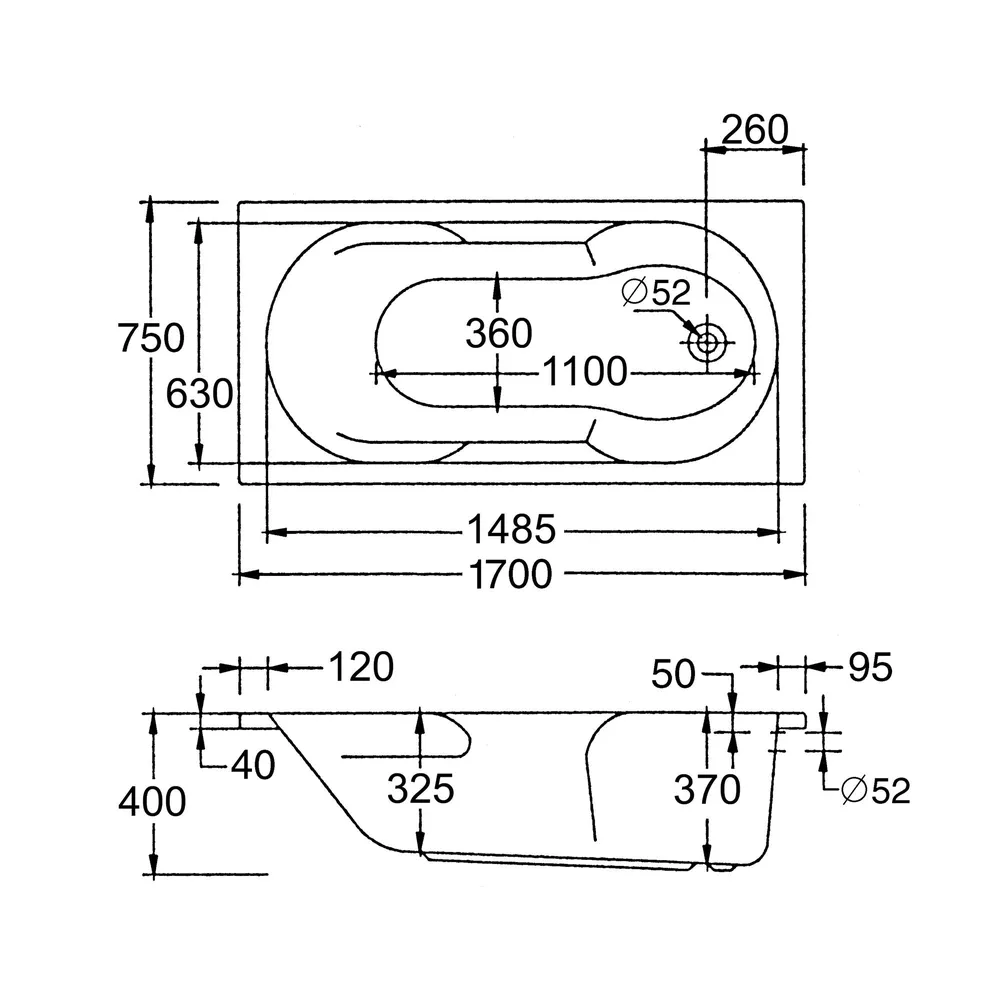 Technische Skizze von den Maßen der Badewanne