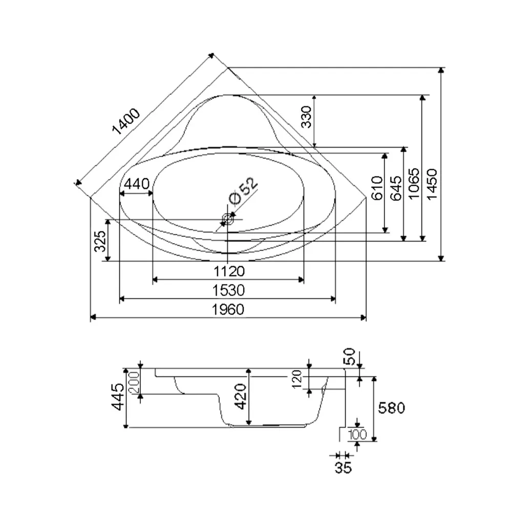 Technische Skizze von den Maßen der Badewanne Coralia
