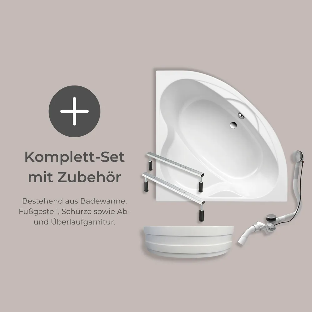 Eckbadewanne als Komplett-Set mit Zubehör. Besteht aus Badewanne, Fußgestell, Schürze sowie Ab- und Überlaufgarnitur.