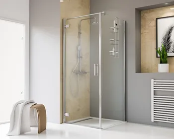 900x900 mm, 2000 mm, Pendelscharnier „Eckig an Profil“, 41 - Chromoptik, Klar hell, Anschlag: links