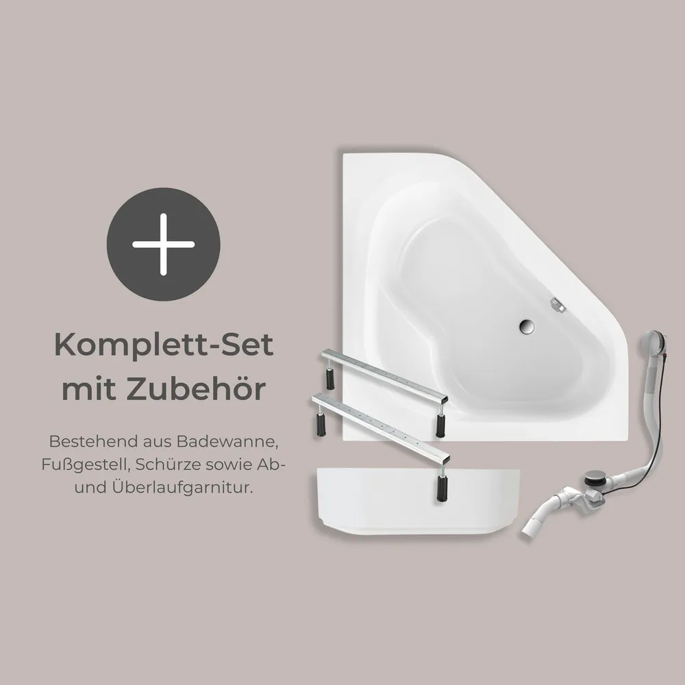 Eckbadewanne als Komplett-Set mit Zubehör. Besteht aus Badewanne, Fußgestell, Schürze sowie Ab- und Überlaufgarnitur.