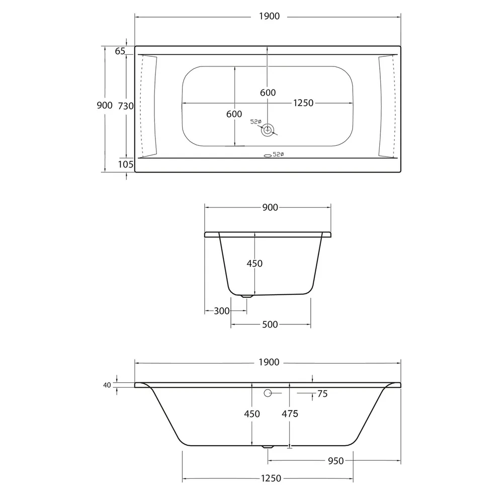 Technische Zeichnung der Badewanne. die Maße der Breite, Tiefe und Höhe