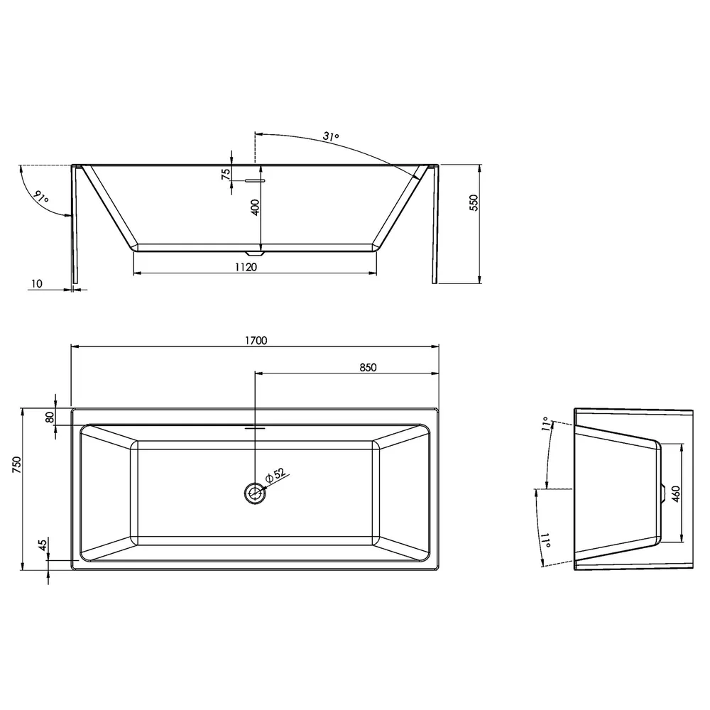 Technische Skizze von den Maßen der Badewanne Tiber