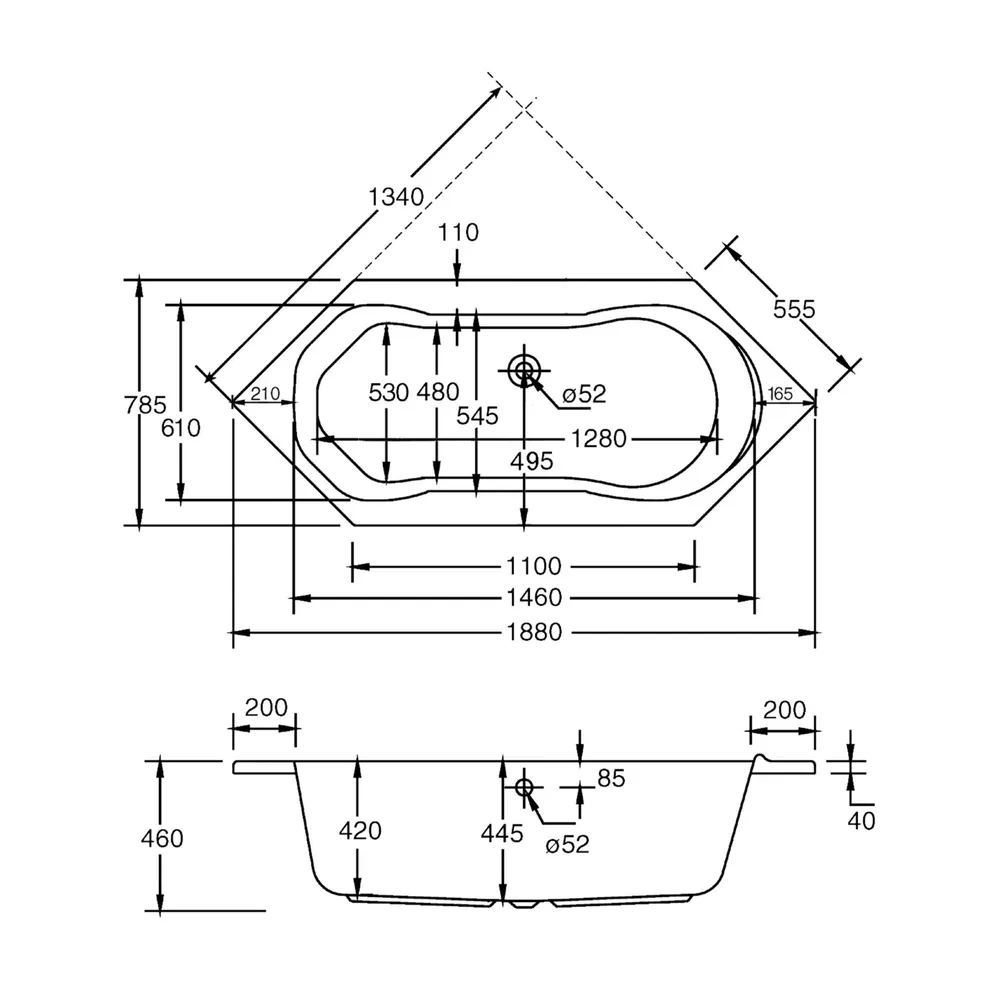 Technische Skizze von den Maßen der Badewanne Fluvia