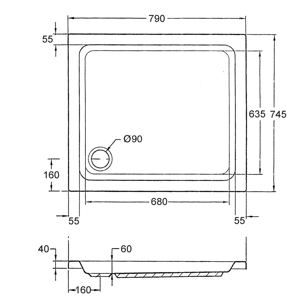 Schulte Duschwanne Cala in weiß - Komplettset mit Wannenträger - Skizze