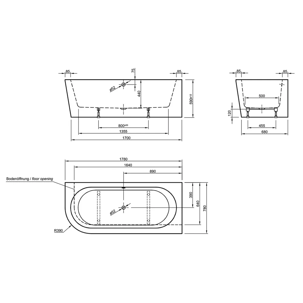Badewanne Lago Canto in weiß Skizze mit Maße
