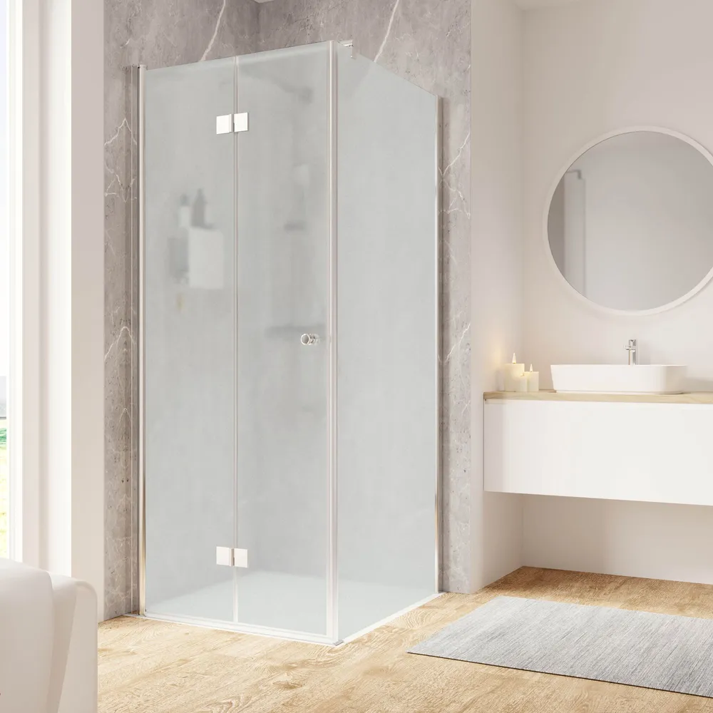 900x900 mm, 2000 mm, Scharnier Eckig, Chromoptik, Matt-Sandgestrahlt