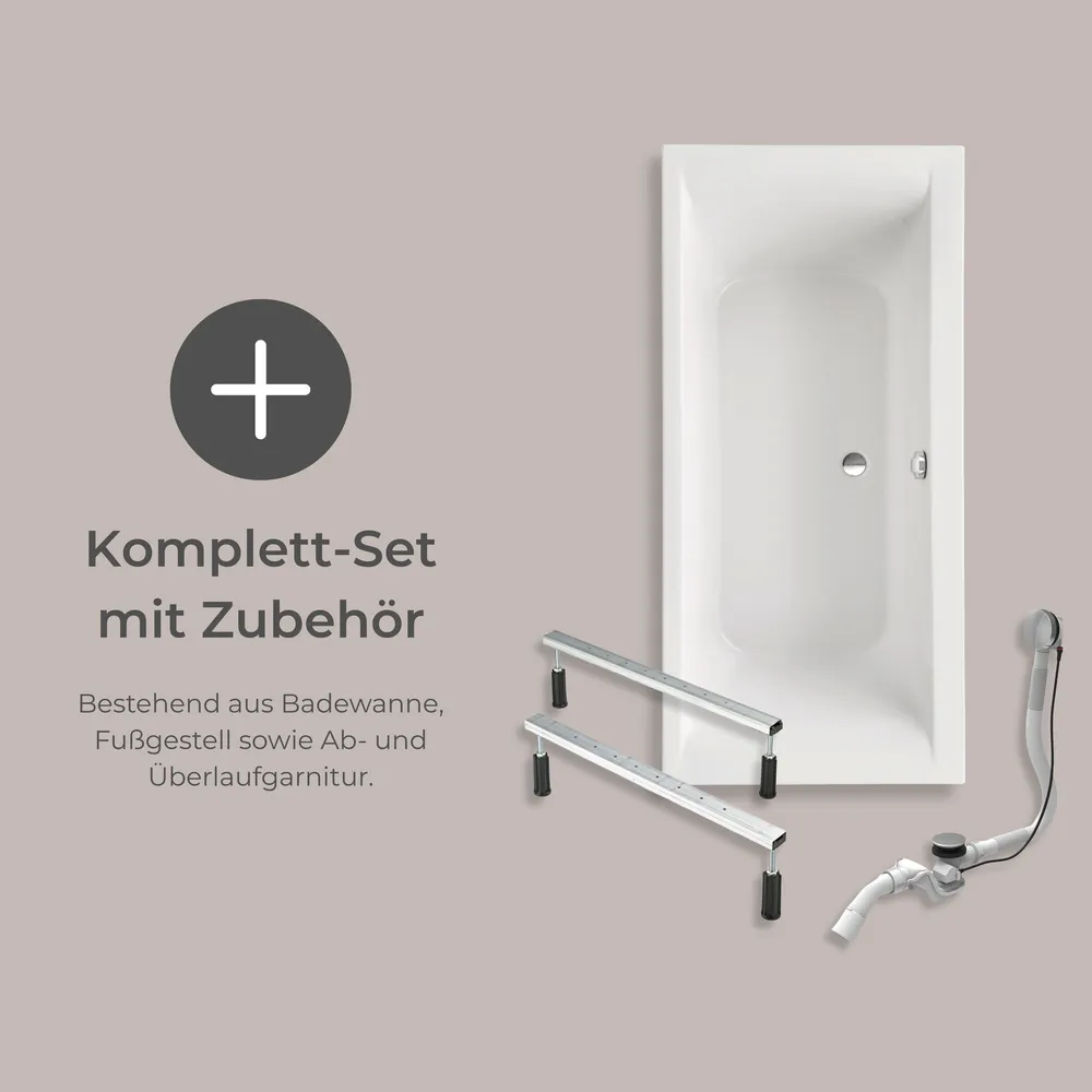 Bild der Onda Badewanne, Text: Komplett-Set mit Zubehör. bestehend aus Badewanne, Fußgestell sowie  Aber- und Überlaufgarnitur.