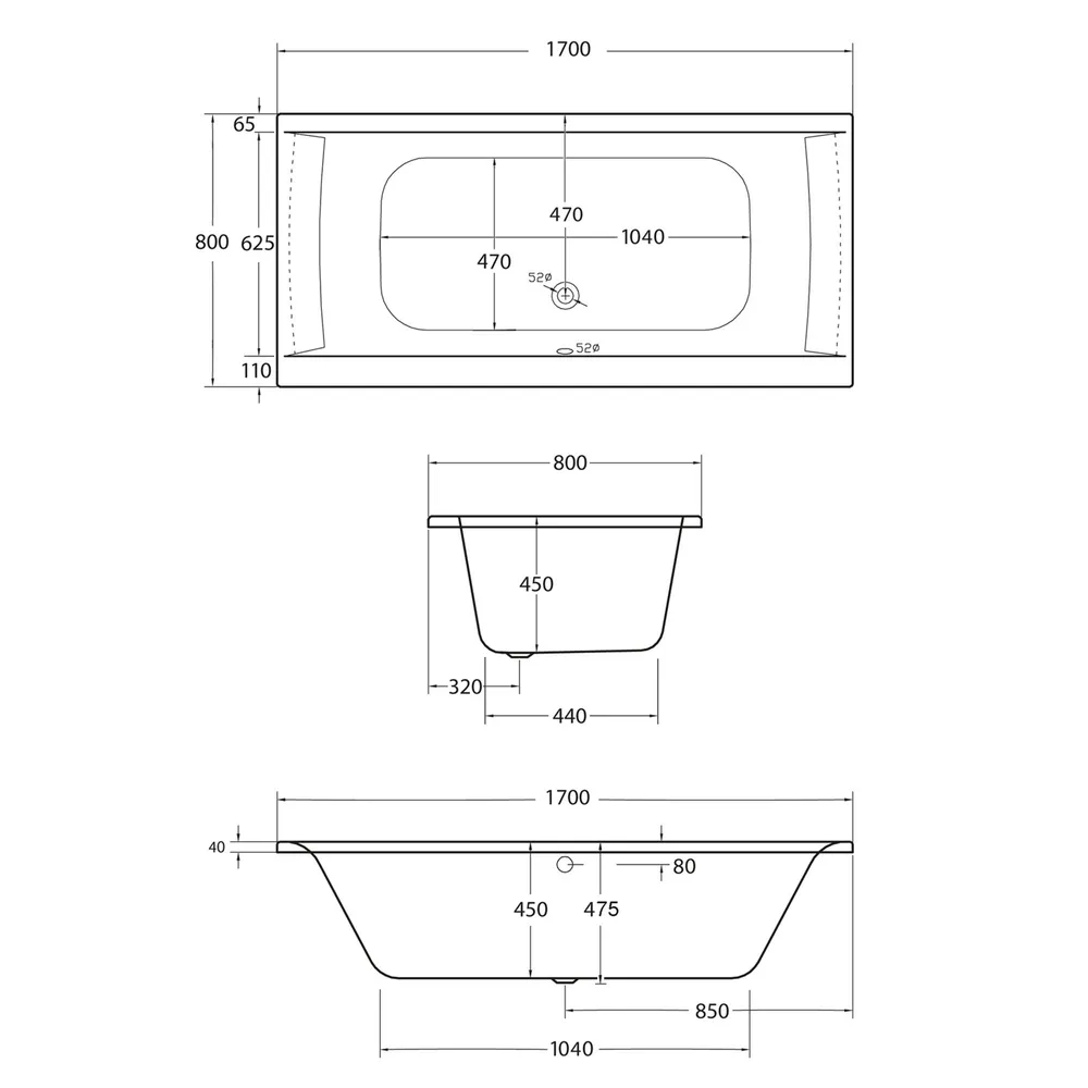 Technische Skizze von den Maßen der Badewanne