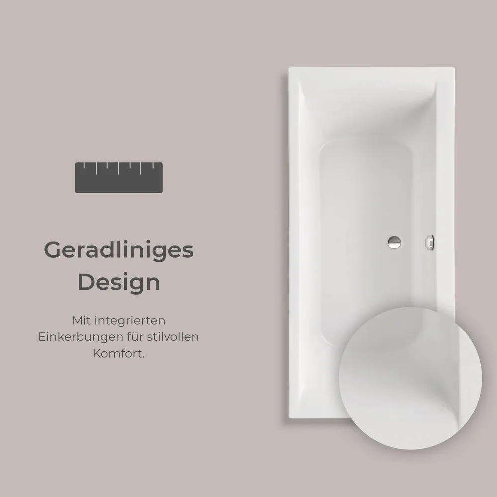 Bild der Onda Badewanne, Text: geradliniges Design. Mit integrierten Einkerbungen für stilvollen Komfort