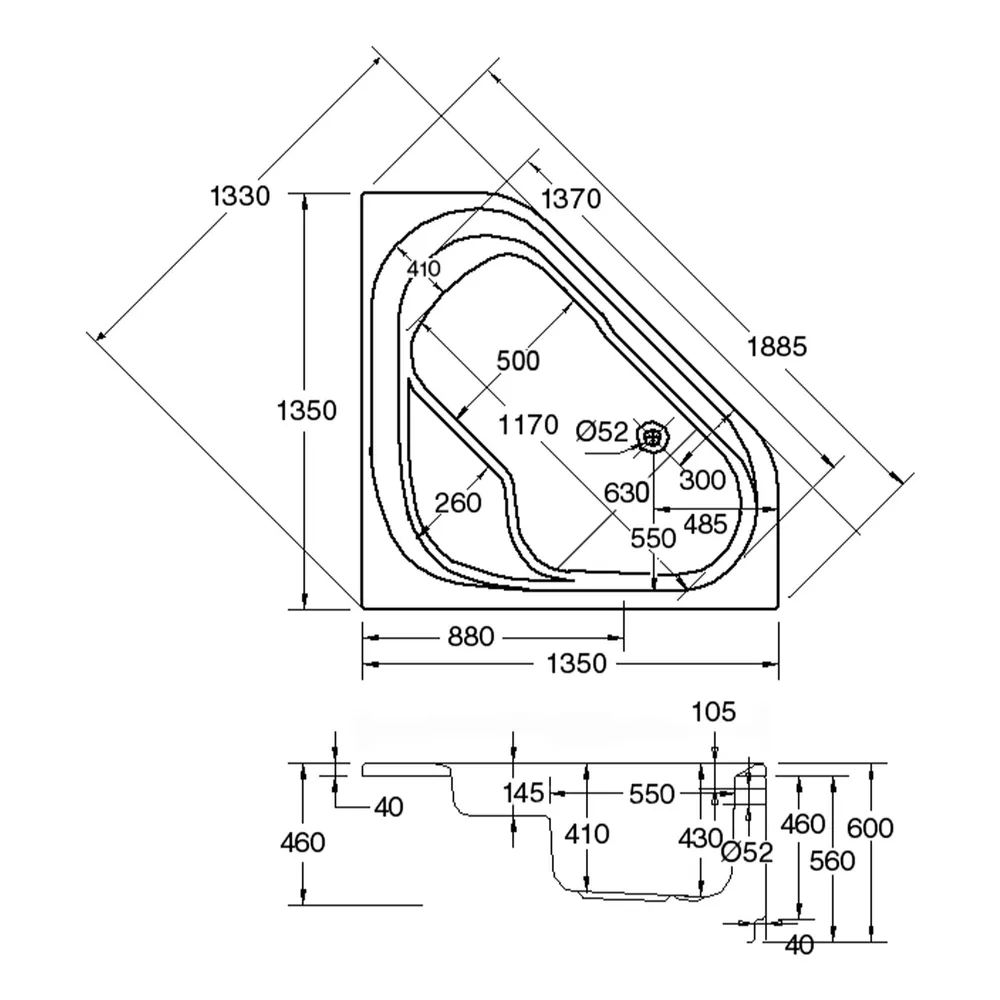 Technische Skizze von den Maßen der Badewanne Garda