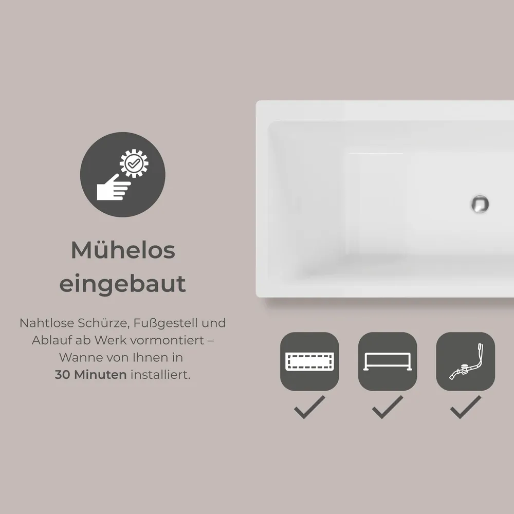Bild von der Badewanne von oben, Text enthalten: Müheloser eingebaut. Nahtlose Schürze, Fußgestell und Ablauf ab werk vormontiert - Wanne von Ihnen in  30 Minuten installiert.