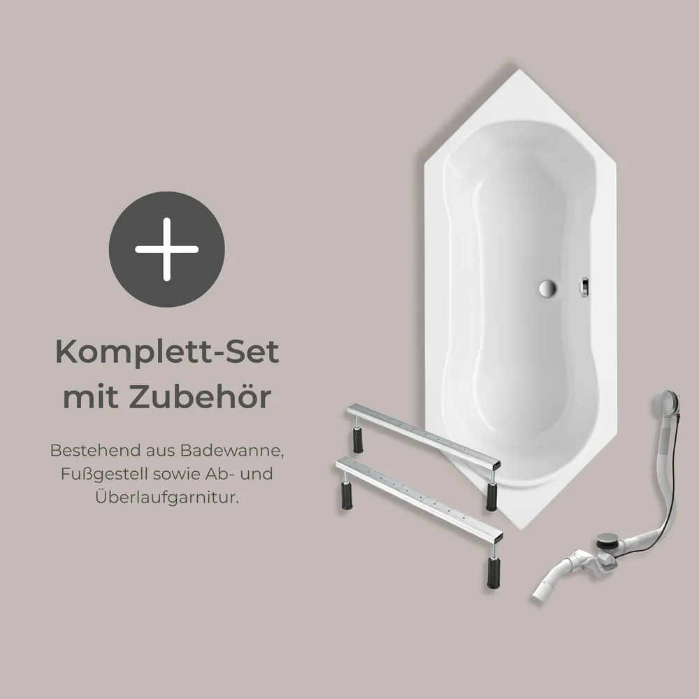 Badewanne Komplett-Set mit Zubehör, Bestehend aus Badewanne, Fußgestell sowie Ab- und Überlaufgarnitur