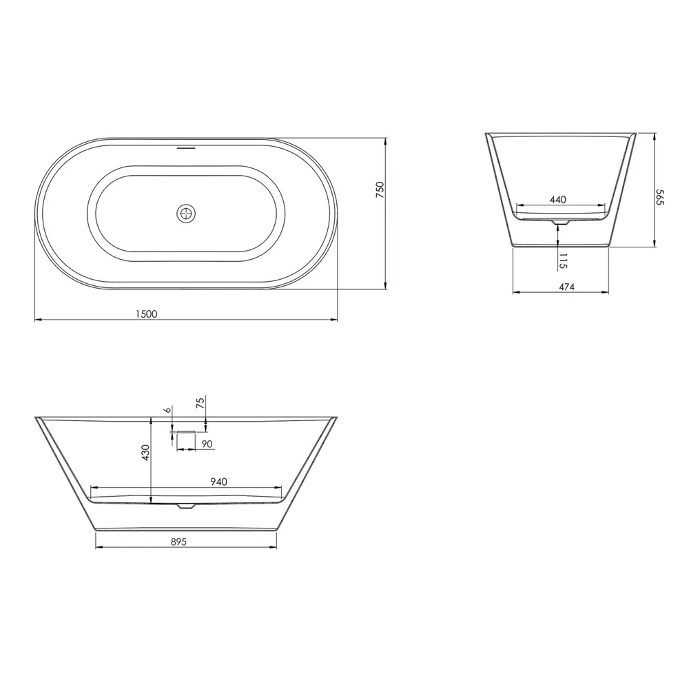 Schulte Badewanne Isla in weiß 1500 x 750 Skizze mit Maßen