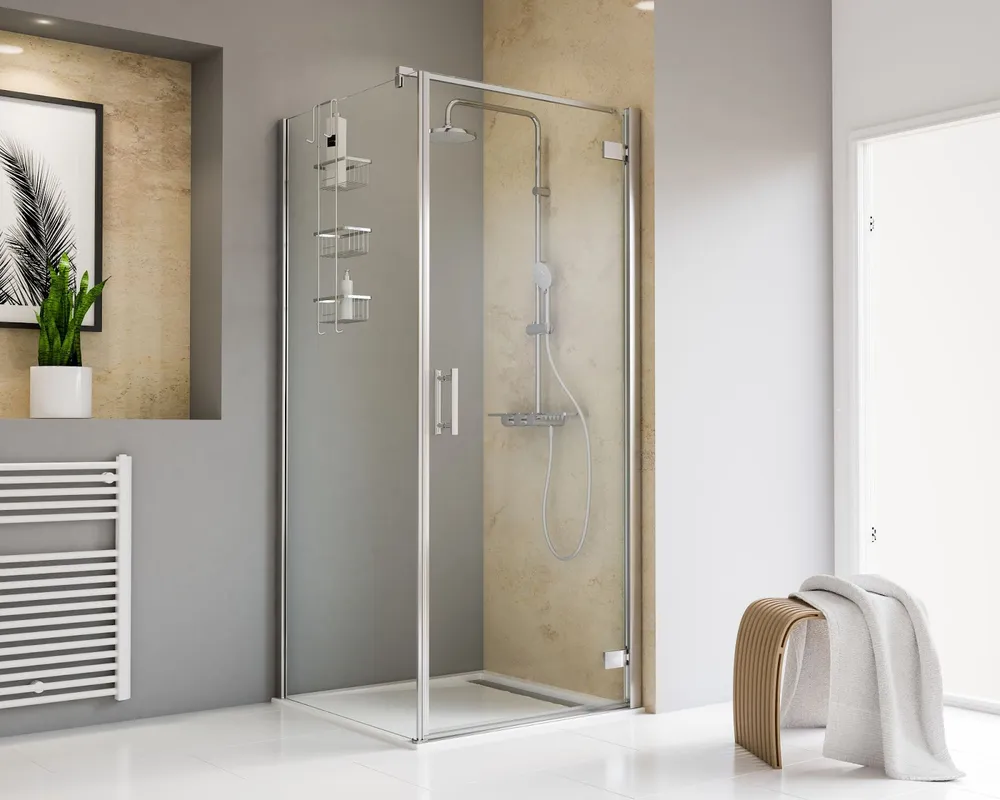 800x800 mm, 2000 mm, Pendelscharnier „Eckig an Profil“, 41 - Chromoptik, Klar hell, Anschlag: links